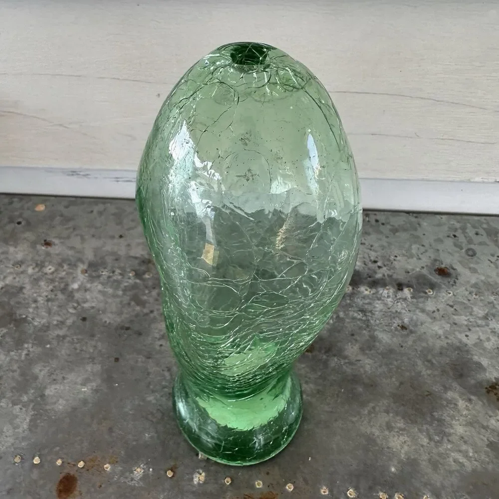 Vintage Pier 1 Green Crackle Glass Oil Lamp Base Vessel Urn Candle Holder 8”